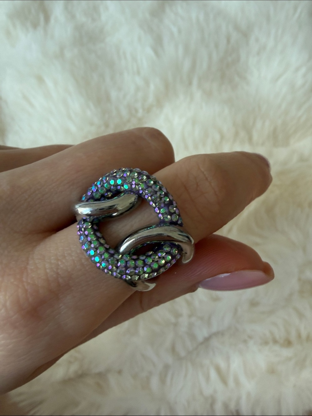 Henri Bendel Crystal Pave Silver-Tone Purple Iridescent Statement Ring size 9
